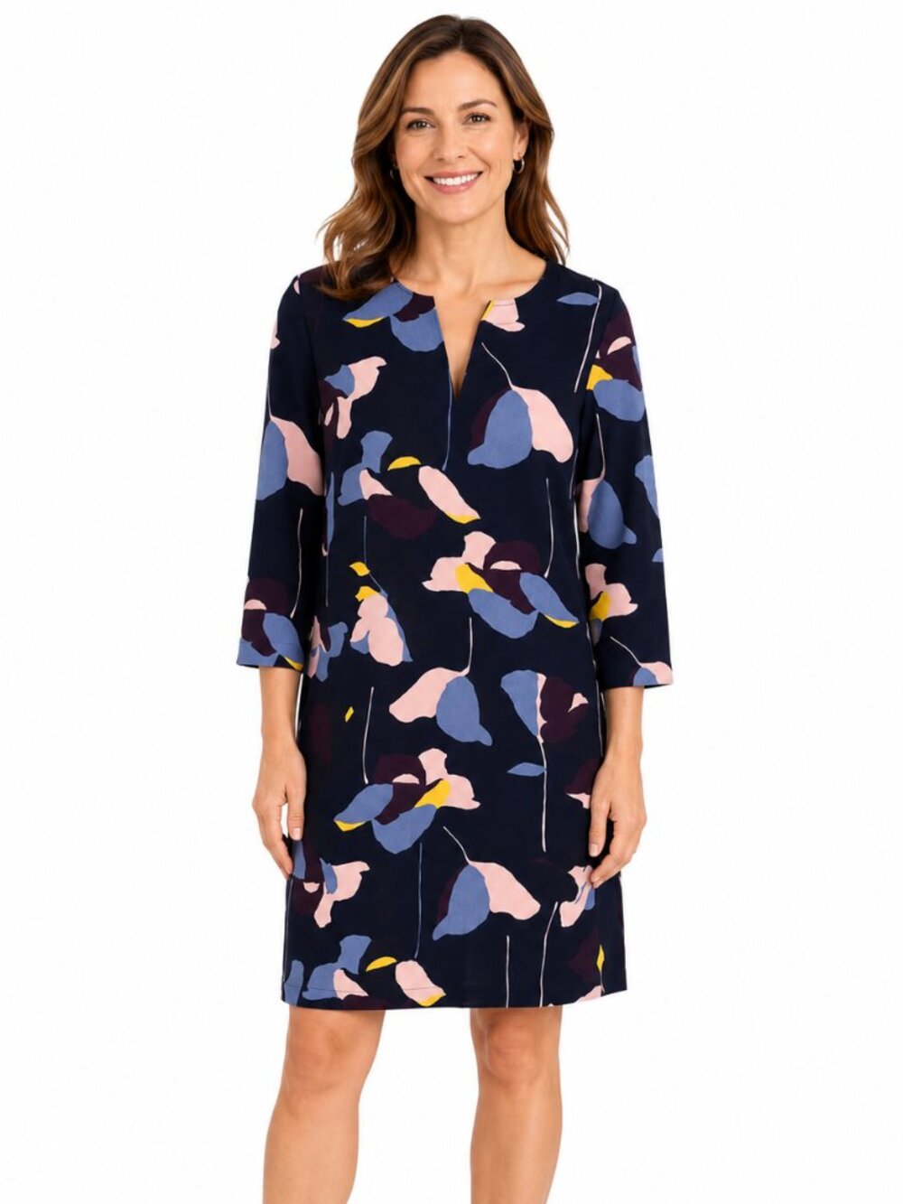 Boden Women’s Shift Dress 8L Navy Abstract Floral Short Sleeve V Neck Long